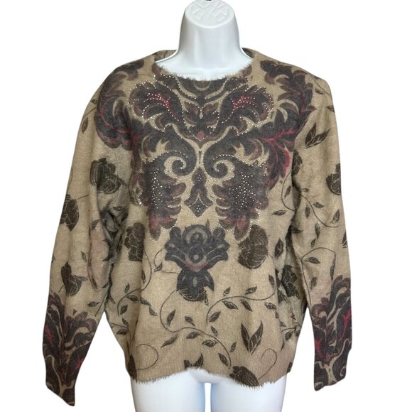 Simply Couture Brown Floral Beaded Front Long Sleeve Soft Sweater Top Size L - Picture 2 of 6